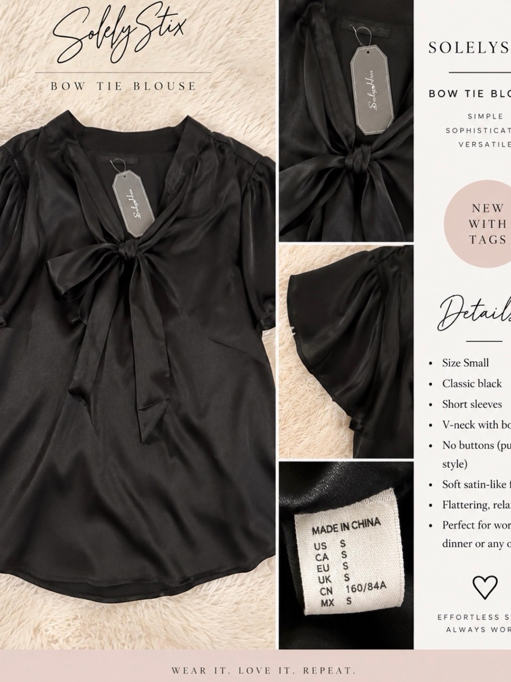 Black Bow Tie Blouse - Women's V-Neck Satin Top